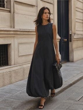 ALEEZA PARIS Nylon Cargo Maxi Dress Black Balloon Hem Minimalist Avant-Garde